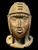 BENIN STYLE METAL ALLOY HEAD OF AN OBA, wearing coral beaded headdress, 35.5.cm H