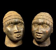 TWO BENIN STYLE METAL ALLOY HEADS, 36cm H (2)
