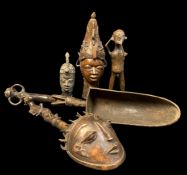 GROUP OF FIVE METAL ALLOY CASTINGS, including Benin style queen mother's head, 35cm H (5)
