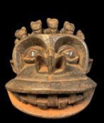 KOM HELMET MASK, with multiple animal horehead crest, 40cm h