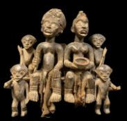CAMEROON ROYAL COUPLE SHRINE, with attendants and elevated by stool bearers, 50w x 23d x 52cm h
