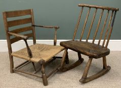 CHILDRENS ANTIQUE CHAIRS x 2 - circa 1800 elm? stickback rocking chair, 68cms H, 47cms W, 27cms D