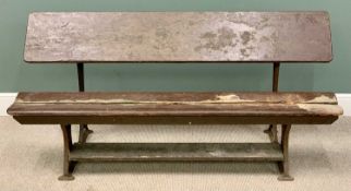 VINTAGE METAMORPHIC SCHOOL BENCH/DESK - on cast iron supports, 85cms H, 183cms W, 65cms D maximum