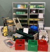 GARDEN ITEMS - two metal framed shelves, 180cms H, 90cms W, 40cms D, metal and wood trolley, Karcher