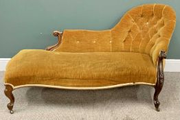 VICTORIAN MAHOGANY CHAISE LONGUE - with shaped and buttoned back, on scrolled supports and