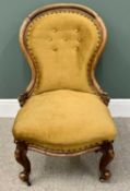 VINTAGE MAHOGANY SPOONBACK LADY'S SALON CHAIR - button back upholstered with carved shaped front