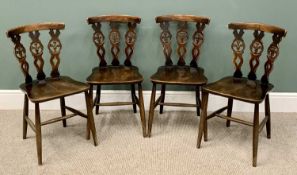 ERCOL DINING CHAIRS - set of four, having triple splatbacks with fleur-de-lys roundels, solid wood