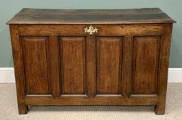 ANTIQUE OAK LIDDED COFFER - peg-joined construction having four chamfered panels to the front, panel
