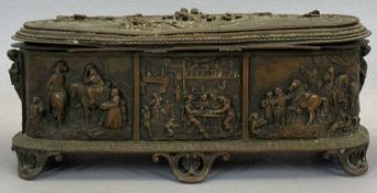 FRENCH OVAL COPPER TRINKET BOX - 19th century decorated in high relief with figures, hinged cover