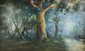 MODERN GILT FRAMED OIL ON CANVAS of a woodland scene, indistinct artist's signature, 48 x 88.5cms
