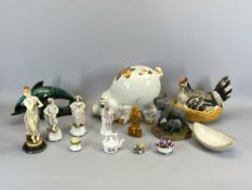 GERMAN BISQUE CHINA 'HEN ON NEST', 22cms H, a Canadian Studio pottery green glazed dolphin, 17.