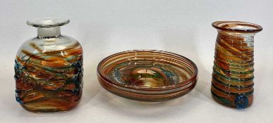 MDINA GLASS CYLINDRICAL VASE - orange ground with blue glass trailing spiral design and applied