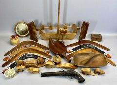 WOODEN BOOMERANGS (7), three with painted decoration, various carved wooden bowls and animal