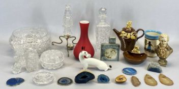 MURANO OVERLAID RED GLASS VASE, 23cms H, square tapered cut glass decanter and stopper, 28.5cms H,