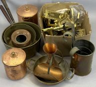 ANTIQUE BRASS SAUCEPANS (2) - 21 and 17cms diameters with hollow steel handles, various copper