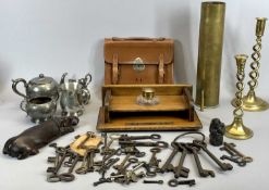 RECTANGULAR WOODEN DESK STAND, having circular inkwell with brass hinged cover, 31.5 x 18cms, a