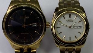 CITIZEN ECO DRIVE GOLD PLATED GENTLEMAN'S BRACELET WRISTWATCHES (2) - silvered and black dial