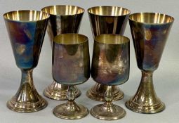 SILVER PLATED WINE GOBLETS (6) - four of conical form on a beaded rim circular base, 15.5cms H and