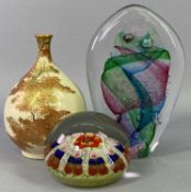 JAPANESE SATSUMA BOTTLE VASE with seal mark to base, 13cms H, Studio glass paperweight, signed to