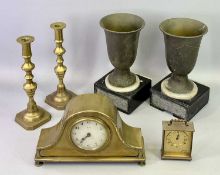 ART DECO BRASS URNS, A PAIR - on square polished slate bases with triangular coloured marble