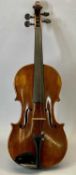VIOLIN - 37.5cms one piece back, script inside 'A La Ville de Cremonae Nicolas Morlot', embossed