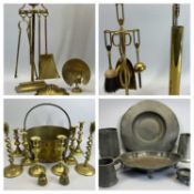 MIXED COLLECTION - Brass fire irons and stand, a brass peacock ornament, brass fire iron holders