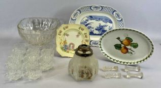 MOULDED GLASS PUNCH BOWL & 11 MATCHING GLASSES, two pairs of glass knife rests, a Portmeirion '