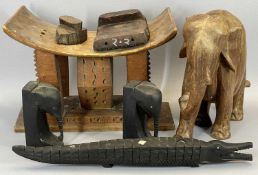 AFRICAN TRIBAL PILLOW with curved head rest, raised on octagonal column and four corner columns with