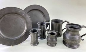 ASSORTED ANTIQUE PEWTER, dishes and measures, one with touchmark (crown above an X) (7) Comments: