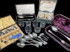 ASSORTED SILVER comprising six various silver napkin rings, thirteen assorted spoons, two cased part