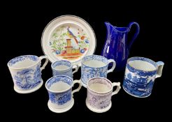 INTERESTING GROUP OF SWANSEA ANTIQUE POTTERY including two frog-mugs with transfer decoration,