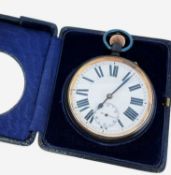 CASED GOLIATH BLACKENED STEEL POCKET WATCH, the dial with Roman numerals and subsidiary seconds