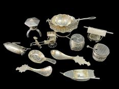 ASSORTED SILVER & WHITE METAL including various novelty cruets, many stamped 'Sterling', strainer on