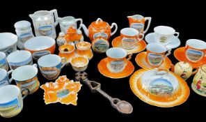 ASSORTED ORANGE LUSTRE BARRY CRESTED CERAMICS, including teapot, elephant salt and pepper shaker,
