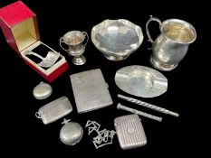 ASSORTED SILVER & COLLECTABLES comprising silver ashtray, silver engine turned cigarette case, two