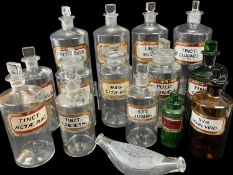 COLLECTION OF VINTAGE CLEAR & COLOURED APOTHECARY JARS, with gilt decorated labels, two with