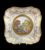 SWANSEA PORCELAIN SQUARE DISH rounded and fluted, locally painted with circular landscape river