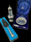 THREE MODERN BOXED SILVER ITEMS, including Elizabeth II sugar caster by Edward Viner, 18cm h,