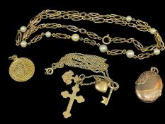 ASSORTED GOLD JEWELLERY comprising 14k gold chain with 9ct gold cross pendant, 14k gold pearl set