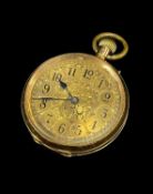 14K GOLD FOB WATCH, the foliate and scroll dial with Arabic numerals, stamped '14K', 28.4gms