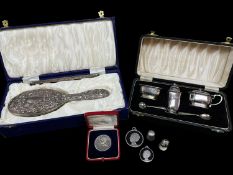 ASSORTED SILVER comprising cased silver cruet set, cased silver brush and comb, boxed Investiture of