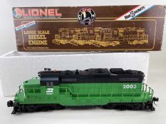 LIONEL LARGE SCALE DIESEL ENGINE 8-85003, G Gauge scale 2003 Burlington Northern, green, 57cm length