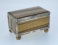 VICTORIAN TIGER'S EYE & SILVER MOUNTED DRESSING TABLE BOX, of rectangular shape raised on four