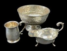 ASSORTED SILVER comprising circular pedestal bowl 'The Russell Cup 1900', silver sauce boat and