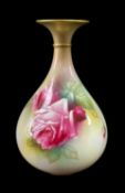 ROYAL WORCESTER BONE CHINA VASE, shape H293, painted with pink roses, gilt rims, 18.5cm h