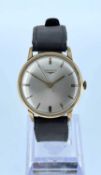 LONGINES 9CT GOLD GENT'S WRISTWATCH, the dial having baton markers, hallmarked to inner back