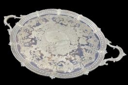 LARGE VICTORIAN ELECTROPLATED OVAL TEA TRAY, lobed outline with beaded rims, engraved foliate