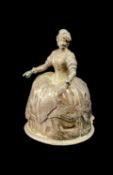 LATE 19TH CENTURY CONTINENTAL SILVER TABLE BELL, in the form of a lady in period dress, import