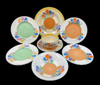 ASSORTED CLARICE CLIFF 'CROCUS' PATTERN TABLEWARE, including breakfast trio, cereal bowl and 2 tea