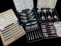 FIVE 2OTH CENTURY SILVER OR ELECTROPLATED BOXED SETS FLATWARE/CUTLERY, comprising set of silver